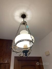 LAMPADARIO IN BRONZO CON CAPPELLO IN VETRO SATINAT