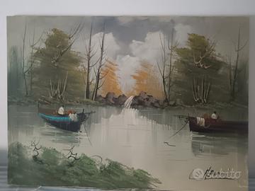  dipinto olio su tela paesaggio con barcheA.Paris