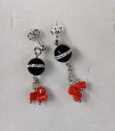 Orecchini vintage in Argento 925% onice e corallo