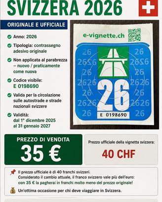 VIGNETTA AUTOSTRADALE SVIZZERA 2026 – NUOVA