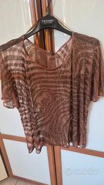 top con manica tessuto velato con perline 