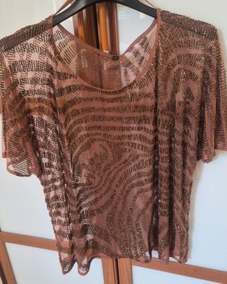 top con manica tessuto velato con perline 