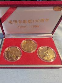 Set 3 medaglie Mao 1993 placcate oro 24K + cofanet