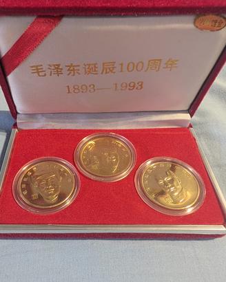 Set 3 medaglie Mao 1993 placcate oro 24K + cofanet