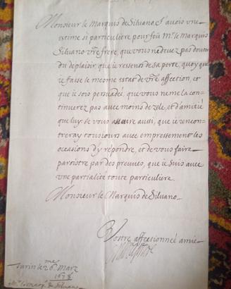 LETTERA MANOSCRITTA DEL 1678 DA CASA SAVOIA