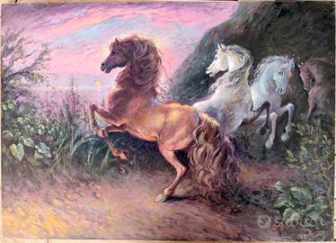 Dipinto ad olio con cavalli, D. Ronca 50x70