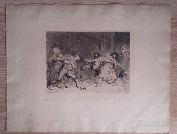 Acquaforte Antica A. Lalauze "La Rixe" XIX Sec.