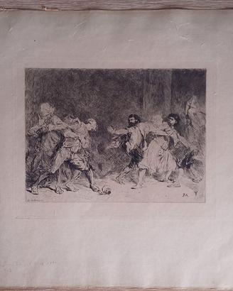 Acquaforte Antica A. Lalauze "La Rixe" XIX Sec.
