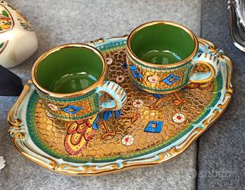 Vassoio E Tazzine dipinte a mano in oro zecchino