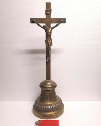 CROCIFISSO ANTICO da tavolo ottone/legno