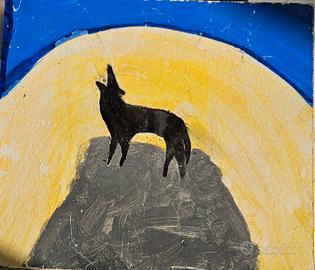 quadro lupo che ulula alla luna 25,5x28cm