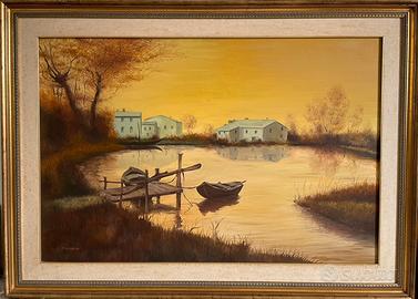 Grande quadro “Paesaggio lacustre dorato”