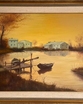 Grande quadro “Paesaggio lacustre dorato”