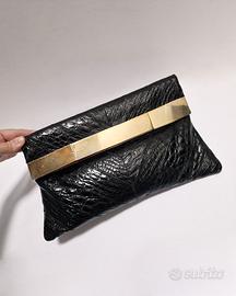 Pochette Vintage in pelle coccodrillo nera e oro