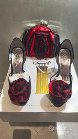 Scarpe eleganti da donna nere rosse con borsetta