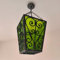 Lampadario Vintage in Ferro Battuto e Vetro Verde