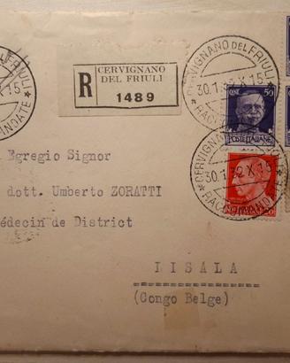 Busta raccomandata Cervignano del Friuli × Lisala 