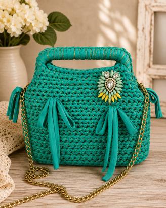 Borsa all’uncinetto handmade acquamarina e lurex