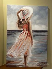 Quadro dipinto a mano rilievo: donna in spiaggia