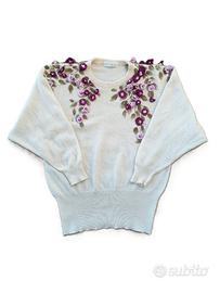 Maglione Lana Panna con Fiori 3D- Nella Marchini