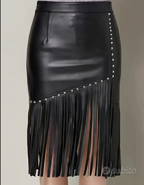 Gonna  similpelle nera borchie frange M