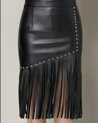 Gonna  similpelle nera borchie frange M