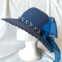 Cappello di Paglia blu a tesa larga con nastro