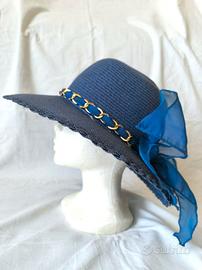 Cappello di Paglia blu a tesa larga con nastro