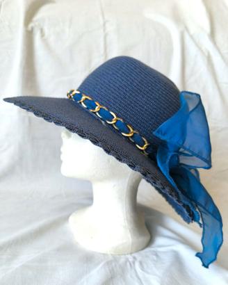 Cappello di Paglia blu a tesa larga con nastro