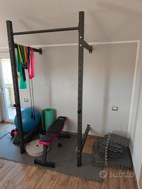 Rack fissa a parete con bilanciere panca e 2 pesi 