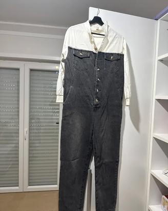 Tuta jumpsuit denim grigio + camicia bianca