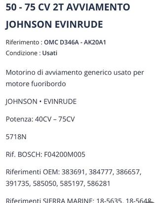 Motorino avviamento motore fuorib JOHNSON EVINRUDE