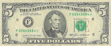 Banconota USA da 5 Dollari "Star Note" anno 1985