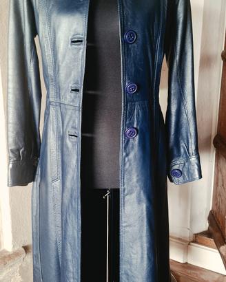cappotto in vera pelle blu con  interno trapuntato