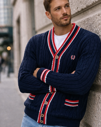 Cardigan Fred Perry vintage blu lana trecce taglia