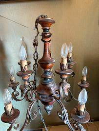 Lampadario a 10luci, legno tornito + ferro battuto