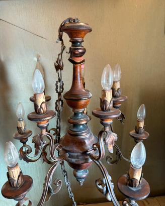 Lampadario a 10luci, legno tornito + ferro battuto