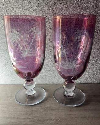 Coppia Calici Viola Iridescenti Palme Vintage