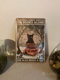 Targa in metallo gatto e libri