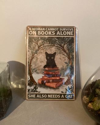 Targa in metallo gatto e libri