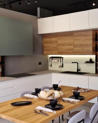 Cucina AR-DUE ad angolo verde salvia + soggiorno