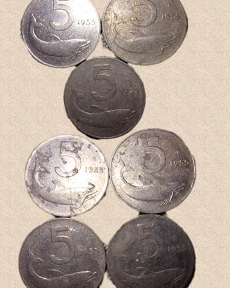 7 monete 5 lire delfino 1955