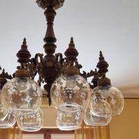 Lampadario Vintage in Ottone e Vetro Soffiato