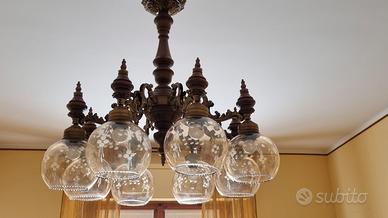 Lampadario Vintage in Ottone e Vetro Soffiato