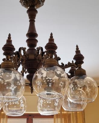Lampadario Vintage in Ottone e Vetro Soffiato