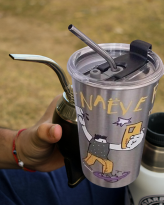 Bicchiere acciaio inox con cannuccia