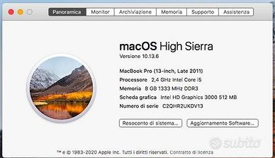 Macbook pro 13" SSD 512 Gb late 2011 Intel core i5