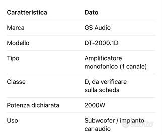 amplificatore gs audio e subwoofer impact
