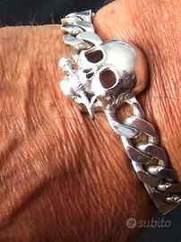 Bracciale in argento, teschio con rosa  in bocca