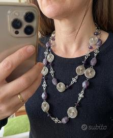 Collana lunga argentata pietre e cristalli viola
